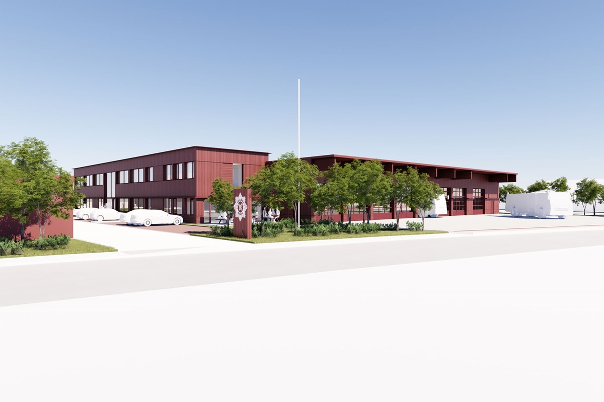 Visualisering af brandstationens facade ud mod Kobbervej. Illustration: Tegnestuen Mejeriet