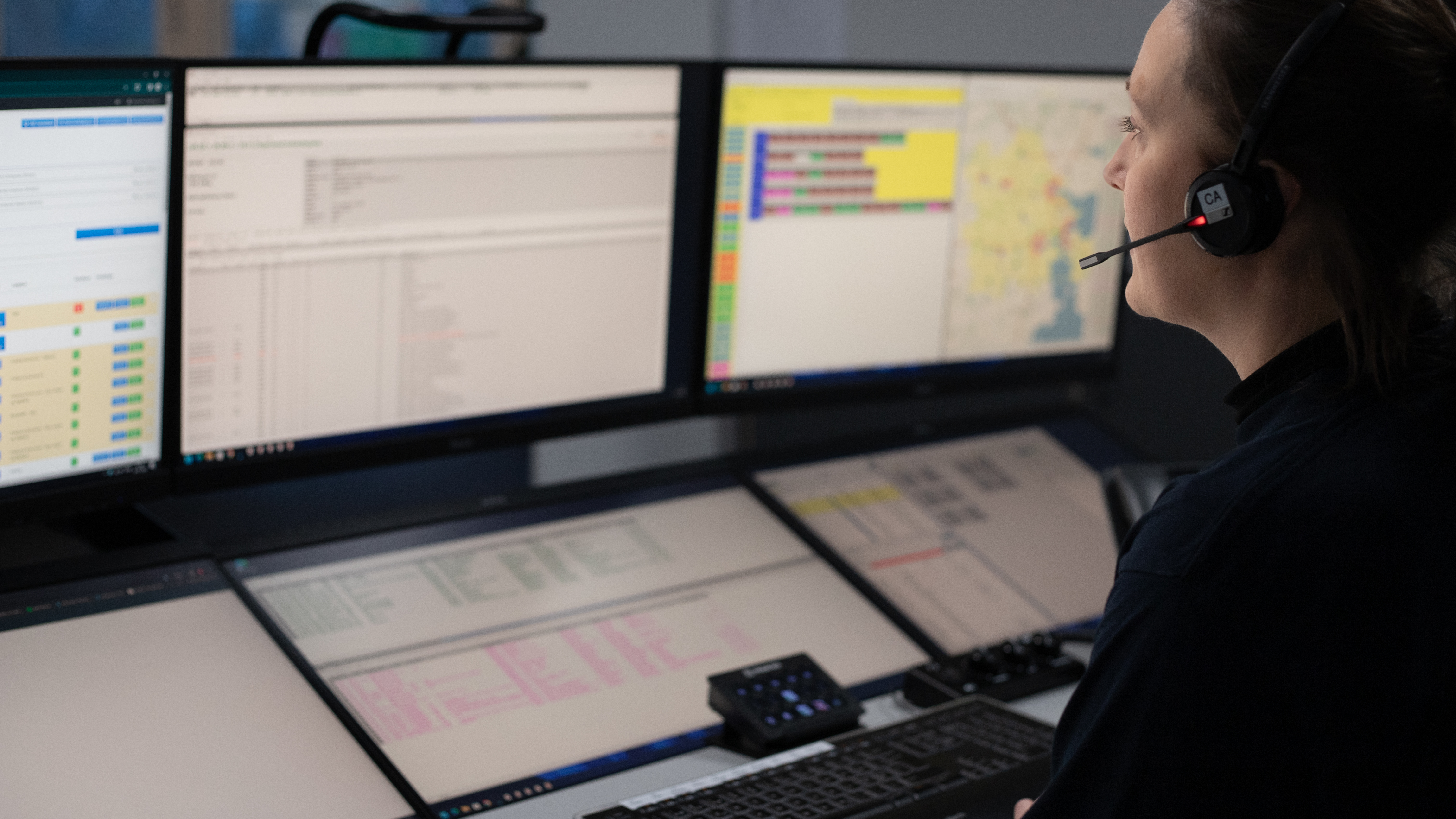 Vagtcentralmedarbejder ved disponentbordet i vagtcentralen.